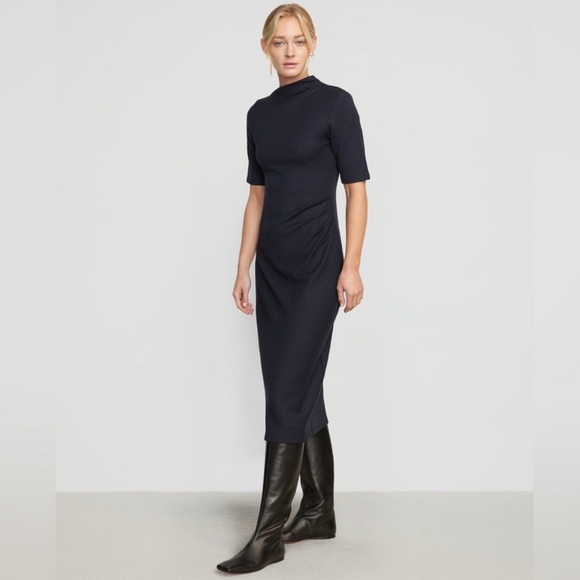 Modern Citizen Evie Ribbed Knit Jersey Ruched Midi Dress Navy Blue Medium - Picture 2 of 11